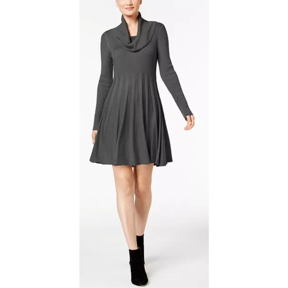 4364) Calvin Klein Gray Cowl Neck Flare Pullover Sweater Dress Medium?